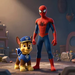 spiderman standing next to chase from paw patrol