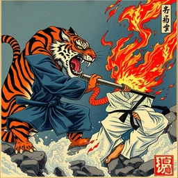 a fight between a fire tiger and karate fighter in the style of utagawa hiroshige, full hd, highly detailed, clear focus, illustration, hearthstone