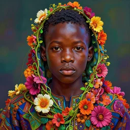 colourful vfx art - portrait of nigerian boy wrapped in flowers & vines, art by hsiao - ron cheng & james jean, volumetric light, ray tracing, colourful, sharp, detailed, digital painting, illustration, illustration, highly detailed, intricate detail, unreal engine, octane render, pinterest, behance, art station,
