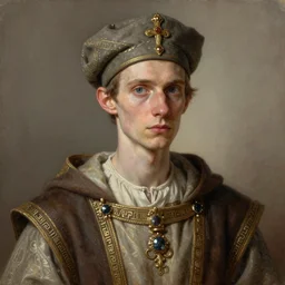 portrait painting of a skinny male scribe wearing fancy medieval clothes and a cap, sharp focus, award - winning, trending on artstation, masterpiece, highly detailed, intricate. art by seb mckinnon