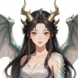 character concept art of a woman with dragon horns and wings | | very anime, dragon scales, cute - fine - face, pretty face, realistic shaded perfect face, fine details by stanley artgerm lau, wlop, rossdraws, james jean, andrei riabovitchev, marc simonetti, and sakimichan, tranding on artstation