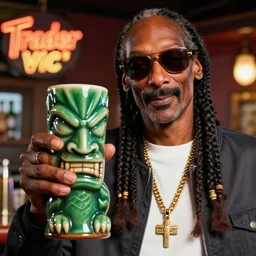 a closeup photorealistic photograph of snoop dogg at trader vic's bar holding a snoop dogg themed tiki mug. brightly lit scene. this 4 k hd image is trending on artstation, featured on behance, well - rendered, extra crisp, features intricate detail, epic composition and the style of unreal engine.