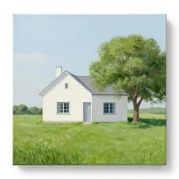 a painting of a beautiful cottage, with a lush grass lawn, featuring a tree in the style of minimalism