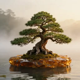 photo bonsai cedar on small island made of amber, aroud the water, gold hour, soft lighting, light fog, medium full shot, volumetric lighting, beautiful, ultra detailed, cgsociety by leesha hannigan, thierry doizon, 3 5 mm, fujifilm, cinematic, realistic