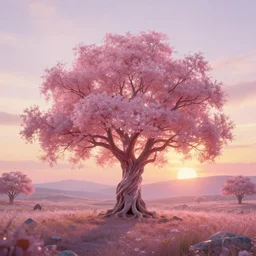 an enchanted shimmering pink tree in the middle of a stunning fantasy landscape during sunset, golden hour, by daniel conway, greg rutkowski and andreas rocha, highly detailed, soft illumination, high fantasy, concept art, trending on artstation, hasselbrad photography, beautiful digital art