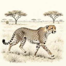A pencil drawing of a full cheetah running with hand drawn savanna background