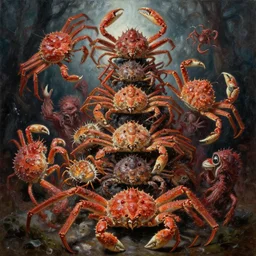 oil painting nightmare macerated epic tiered panulirus ornatus & japanese spider crab weapon terrors throwing, cinematic, fine art, by jack gaughan, shigeru komatsuzaki
