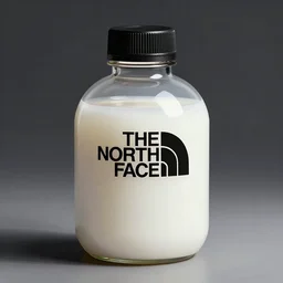the north face transparent bottle, round bottle, black top, filled with dense white mily liquid, concept art, matte, sharp focus, illustration, art by aenaluck, artgerm, modern