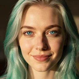 high detail, macro portrait photo, a beautiful woman with super blue eyes and green ans white hair, smiles at the camera, set in a dimly lit room at golden hour, shot using a zeiss supreme prime lens