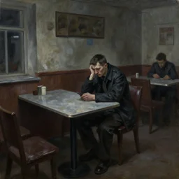 dark oil realistic painting a gaunt man sits alone at a table in a depressing gloomy soviet cafeteria