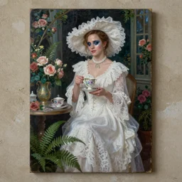 painting on washed out on worn out canvas rough textured canvas wall full body fashion model emma watson smokey eyes makeup eye shadow fantasy, glow, shimmer as victorian woman in a long white frilly lace dress and a large white hat having tea in a sunroom filled with flowers, roses and lush fern flowers ,intricate, night, highly detailed, dramatic lighting , high quality