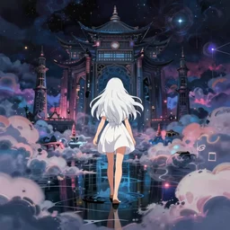 white haired girl walking in flooded cloud palace night, fractal dreamscape, cinematic, vibrant dark colors digital anime illustration by studio ghibli, smooth coloring - n 9