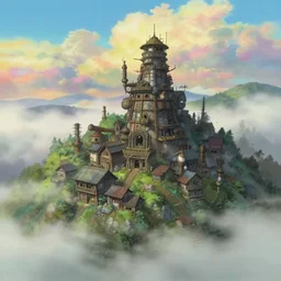 abandoned steam punk village on a mountain look from above, fogged in the colorful clouds style of makoto shinkai studio ghibli, james gilleard greg rutkowski chiho aoshima, rule of thirds golden ratio, fake detail, trending pixiv fanbox