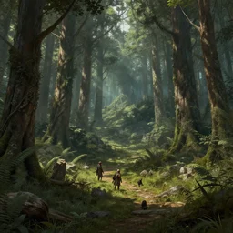 a beautiful and intrincate forest landscape in the style of the banner saga, a few medieval men into the forest, highly detailed digital concept art by greg rutkowsky