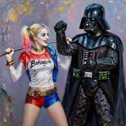 Margot Robbie as Harley Quinn fighting darth Vader, in the style of monet