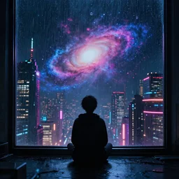 lonely cyber person made of cosmic galaxy energy watching a vast rainy colorful complex cyberpunk futuristic city from behind at night through a window in a room, 8 k, photorealistic, concept art, wet, highly detailed, cinematic mood by ridley scott, ghost in the shell, rendered in unreal engine 5, akira, digital painting, trending on artstation, glowing lights, sharp focus, epic composition