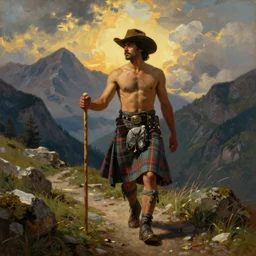 a dramatic epic beautiful painting of a shirtless desi man on a mountain path | he is wearing a scottish plaid kilt and cowboy hat, and holding a walking stick | background is mountains and clouds | dramatic lighting, golden hour, homoerotic, art by highly detailed painting by gaston bussiere, craig mullins, j. c. leyendecker 8 k