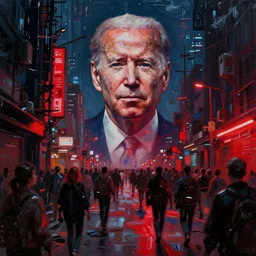 a dark street with hordes of wandering people red lights cybernetic joe biden's face hovering over the unwashed masses on a building ad, dystopian, cyberpunk, dripping oil paint, thick brushstrokes, abstracted painterly techniques, high resolution, blade runner