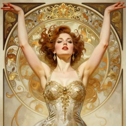 portrait of a ballroom singer with her arms raised in performance, intricate, elegant, highly detailed, digital painting, artstation, concept art, smooth, sharp focus, illustration, art by artgerm and greg rutkowski and alphonse mucha, 8 k