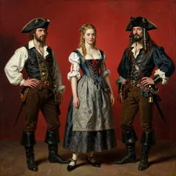 Solomon Joseph Solomon and Richard Schmid and Jeremy Lipking victorian genre painting full length portrait painting of a young beautiful woman traditional german french barmaid pirate wench in fantasy costume, red background