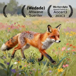highly detailed painting of a fox running through a colorful field, award winning