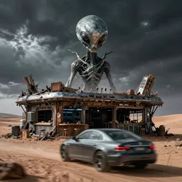 travel photography, driving past a terrifying alien standing in front of an abandoned cyberpunk bar made of scrap metal and scrap wood in the desert of a gloomy alien world, motion blur, ominous skies