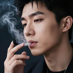 a closeup photo of really handsome xqc smoking,