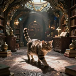 futuristic VFX movie of a cat walking through a wizards magic underground library study lair, natural lighting by Emmanuel Lubezki