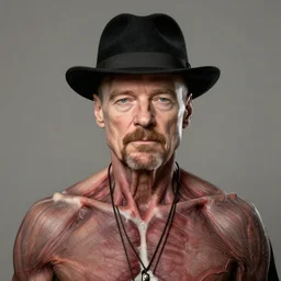 Walter White with short pork pie black hat, accurate anatomy, highly detailed, digital art, centered, portrait, serious,