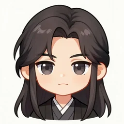 chibi style male anime character, long dark hair, symmetrical facial features, 8 k, interesting composition, creative color choice, detailed drawing, trending on artstation, hd