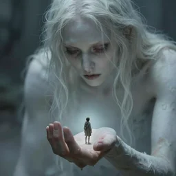 a tiny human clutched in the hand of an immense beautiful terrifying pale humanoid giant. ethereal horror fantasy art by greg rutkowski and magali villanueve