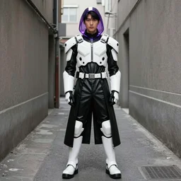 male ulzzang with white sci - fi tactical gear, black leather garment, purple transparent sci - fi hood, full shot fashion photography, alleyway, by irving penn and storm thorgerson, ren heng, peter elson