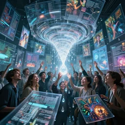 cinematic shot epic group happy humans, many vortexes of overlapping translucent gigantic screens projecting beautiful random images, floating graphics, dripping light drops, hands touching light drops, supercomputers transforming text to images, highly detailed, super realistic, hyper realistic, mood lighting, sci fi, detailed flow of big beautiful digital paintings, perfect lighting pixel sorting