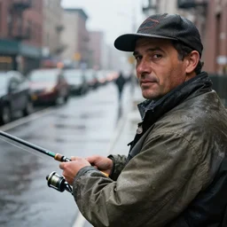 closeup portrait of a man fishing in a rainy new york street, photography, world press photo