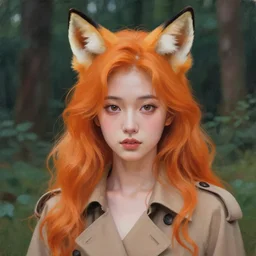 portrait painting by shigenori soejima, girl, fox ears, focus on face, forest background, pretty, cinematic lighting, painterly, long wavy orange hair, light brown trenchcoat