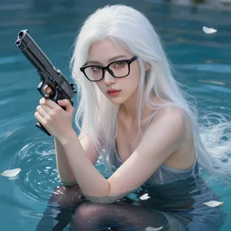 a beautiful + white hair + cool black glasses + holding pistol + tights + ana de armas + dream water, beautiful smooth soft light + white petal, oil paint, cinematic lighting, realistic photo, unreal engine 5, 3 5 mm lens, 4 k, highly detailed, instagram,