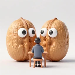3 d render of 2 walnuts with eyes staring at someone sitting down