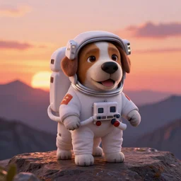 dog as an astronaut, sunset, mountain, disney pixar, highly detailed, trending in artstation