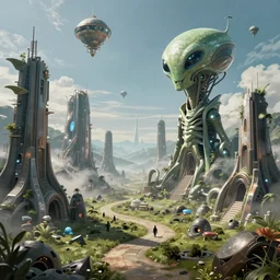 alien landscape, ruined alien structures, beautiful, solarpunk, trending on artstation, 8 k, high detail, by shrimbly flingleston