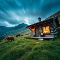 wide angle photograph of cozy hygge cabin in scottish countryside mountains, idyllic, sunny, grass