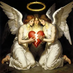 vision of angels with a broken heart, trying to mend it with light by giorgio de chirico and masamune shirow