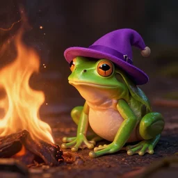 A frog wearing purple hat next to a fire