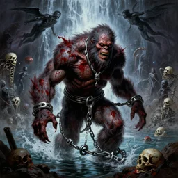nightmarish monster shackled in styx river of the underworld, frank frank frazetta and cgsociety, stunning sasquatch, blood splatters, charlie bowater and tom bagshaw, insanely detailed, deviantart, space art, atoms surrounded by skulls, death, and spirits flying, water fall, horror, sci - fi, surrealist painting, by peter mohrbacher