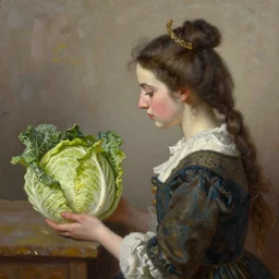 a queen gazing at a cabbage, oil painting