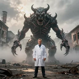 low quality flash photograph of a male scientist posing with a terrifying monster in the center of foggy chernobyl