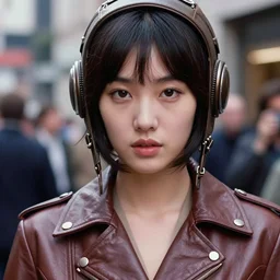ektachrome, 5 0 mm lens, highly detailed : incredibly realistic, youthful asian demure, feminine cut, exquisite features, close up portrait photo 1 9 7 0 s frontiers in flight leather suit cosplay, street photography fashion shoot, evening, vogue italia, nick knight,
