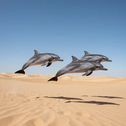 pod of dolphins swimming through the sky over a desert, stunning photograph