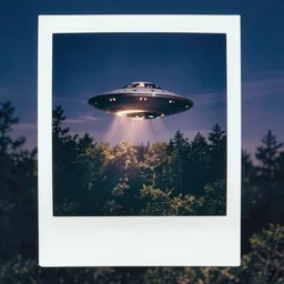 a ufo flying over a forest at night, ufo!!!, old polaroid,