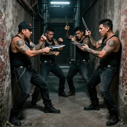 hispanic gang members with tattoos in a brawl with knifes and guns in a dark alley in the style of ilya repin