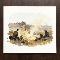 small centered on white watercolor paper, paint brush strokes, abstract watercolor painting of prehistoric settlement, midday sharp light, dust, cinematic light, american romanticism by hans dahl, by jesper ejsing, by anders zorn, by greg rutkowski, by greg manchess, by tyler edlin